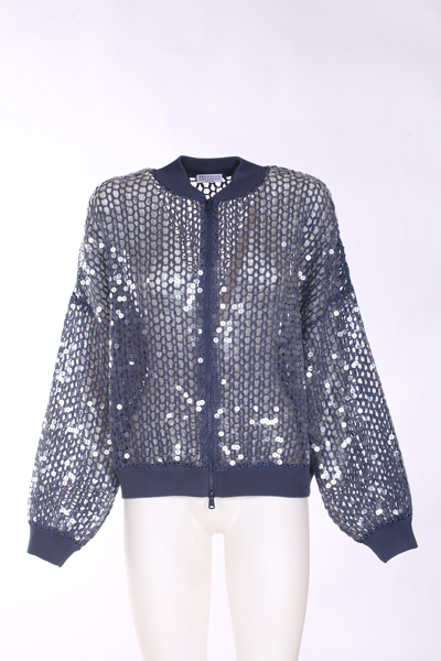 Brunello Cucinelli Dazzling Embroidery Jute And Cotton Bomber Jacket In Blue