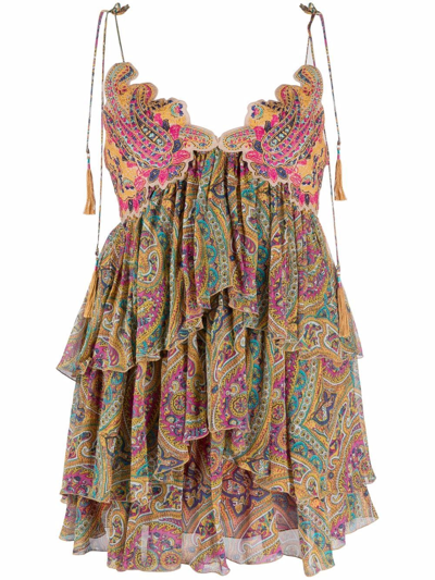 Etro Paisley-print Tiered Crinkle-silk Embroidered Mini Dress In Yellow