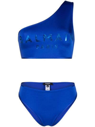 Balmain Logo-print One-shoulder Bikini In Blau