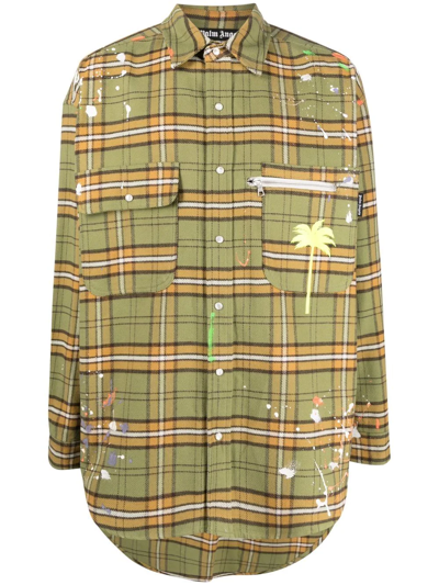 Palm Angels Oversized Logo-print Paint-splattered Checked Cotton Shirt In Green
