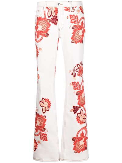 Etro Woman White And Orange Tree Of Life Floral Palazzo Jeans In Multi-colored