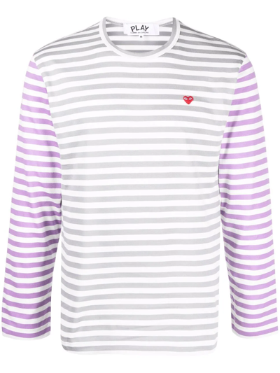 Comme Des Garçons Play Small Heart Stripe Colourblock Long Sleeve T-shirt In Grey