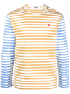 Comme Des Garçons Play Small Heart Stripe Colorblock Long Sleeve T-shirt In Blue