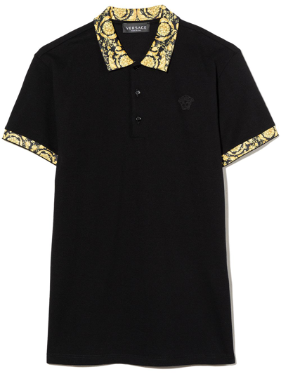 Versace Teen Baroque Trim Cotton Polo Shirt In Black