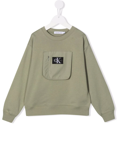 Calvin Klein Kids' Logo Patch Crew-neck Sweatshirt In Green
