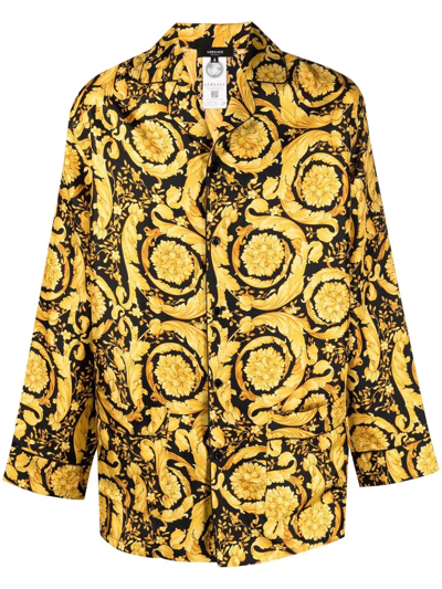 Versace Baroque Pattern-print Silk Pyjama Shirt In Yellow