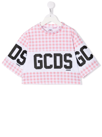 Gcds Kids Pink & White Cropped Checkered T-shirt In 82195 Pink