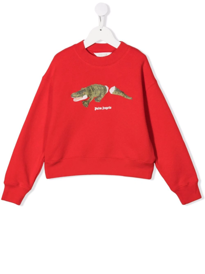 Palm Angels Kids' Crocodile-print Crew-neck Sweatshirt In Red