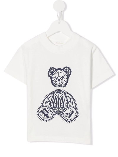 Palm Angels Paisley Kids Boys White Cotton T-shirt With Bear Print