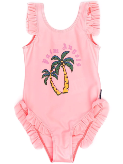 Palm Angels Kids' Palm-tree Logo Swimsuit In Pink