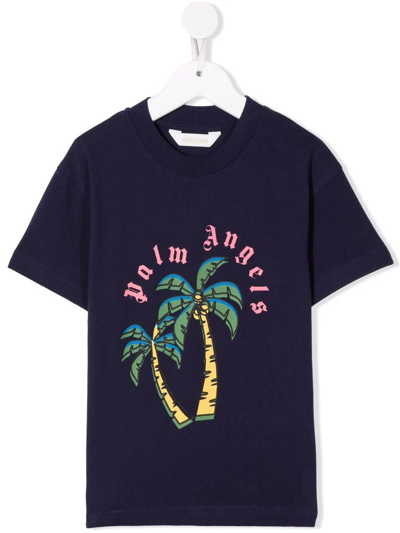 Palm Angels Kids' Palm Tree-print Short-sleeve T-shirt In Navy Blue