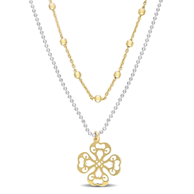 Amour 2-tone 2-strand Ball Bead Chain Necklace In 18k Yellow Gold Plated Sterling Silver