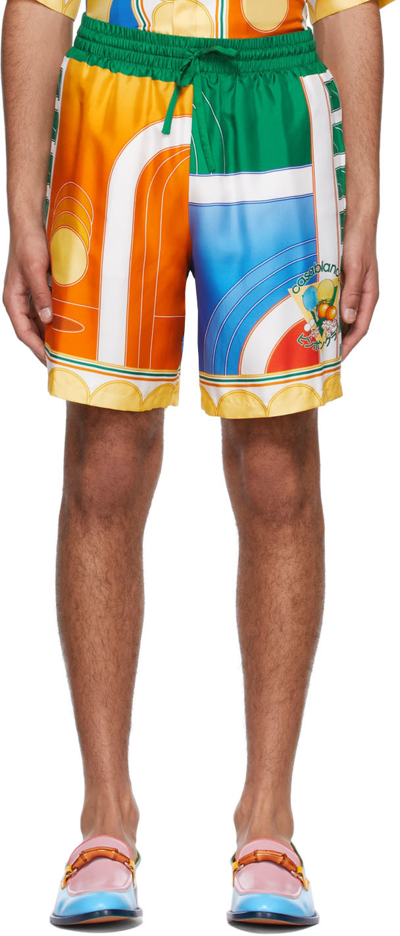 Casablanca Men's Silk Shorts - Reve De Tennis Print In Pay Sage