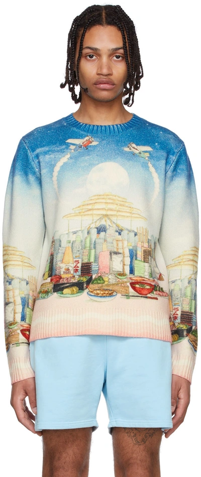 Casablanca Skyline-print Merino-blend Sweater In White,blue,pink