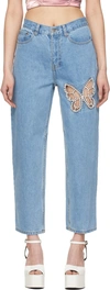 Area Crystal Cutout Butterfly High Waist Crop Straight Leg Jeans In Light Blue