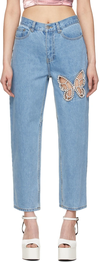 Area Crystal Cutout Butterfly High Waist Crop Straight Leg Jeans In Light Blue