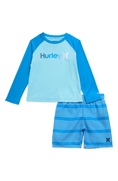 Hurley Kids'  Shoreline Long Sleeve Upf 50+ Swim Shirt & Swim Shorts Set In Neptune Blue