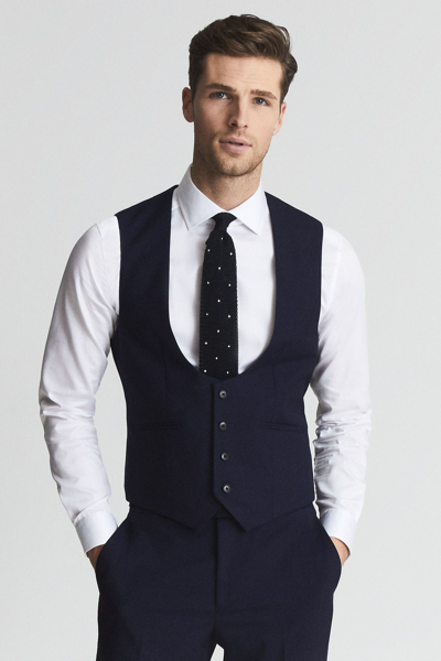 Reiss Mens Navy Blue Wool Blend Horse Shoe Slim Fit Waistcoat