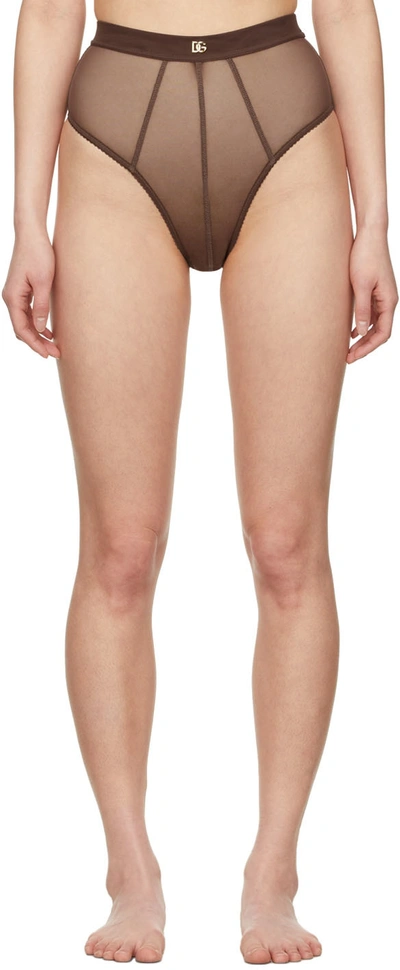 Dolce & Gabbana High-waisted Tulle Briefs With Dg Logo In Brown