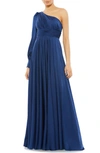 Mac Duggal One-shoulder Long Sleeve Satin Column Gown In Midnight
