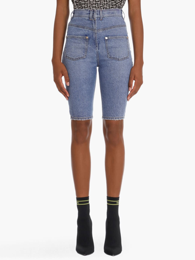 Balmain High Waist Cotton Denim Cycling Shorts In Blue