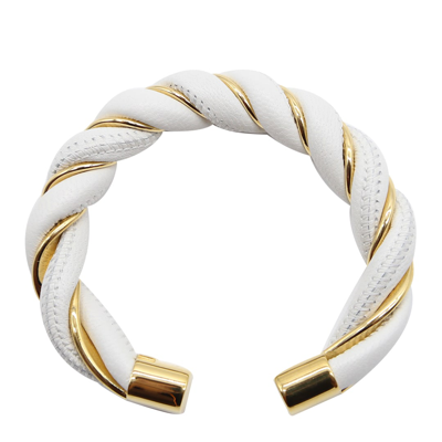 Bottega Veneta White Braided Leather And Gold Plated Silver Bracelet In Bianco