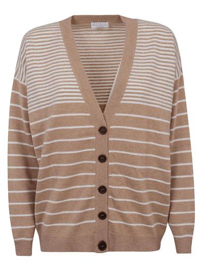 Brunello Cucinelli Bead-embellished Striped Wool, Cashmere And Silk-blend Cardigan In Amaretto