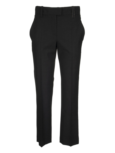 Brunello Cucinelli Tropical Luxury Wool High-waist Cigarette Trousers With Shiny Loop In Black
