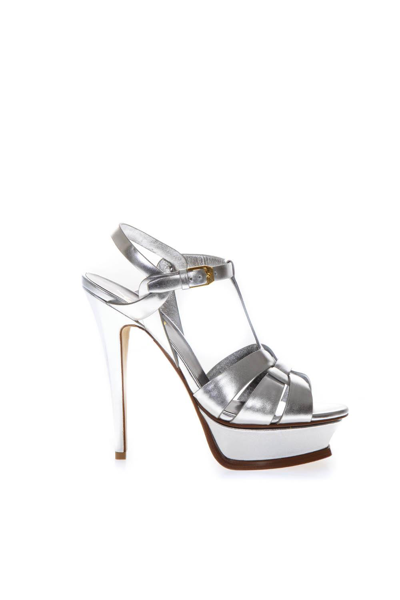 Saint Laurent Luxury Shoes For Women -  Tribute Silver Metallic Leather Sandals