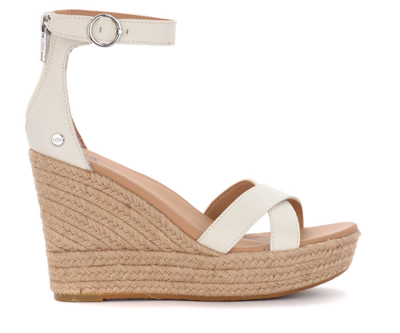 Ugg Ezrah Wedge Sandals In White Leather In Bianco
