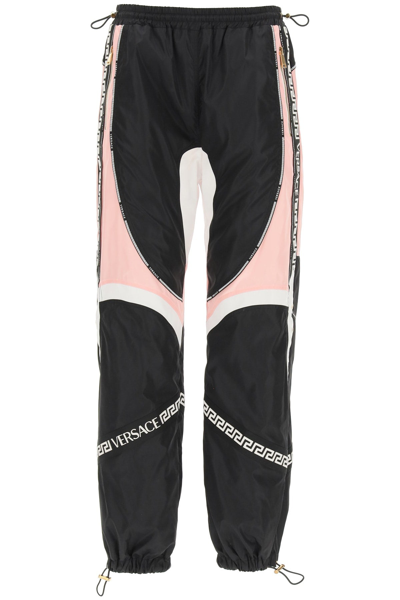 Versace Paneled Shell And Satin Track Pants In White Black Pink (black)
