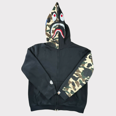 Pre-owned A Bathing Ape 1st Camo Black/green Shark Half Bape Full Zip Hoodie Size 2xl Rare