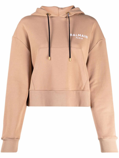 Balmain Cropped Navy Eco-design Cotton Sweatshirt In Brown