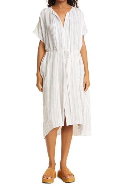 Vince Short Sleeve Drapey Stripe Shirred Dress In Off White/ Vista Blue