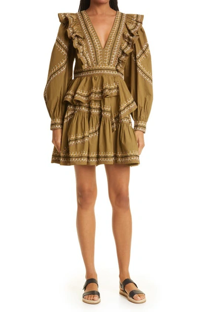 Ulla Johnson Anais Ruffled Embroidered Cotton-poplin Mini Dress In Olive/army