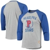 Stitches Men's  Heather Gray, Royal Philadelphia Stars Negro League Wordmark Raglan 3/4 Sleeve T-shir In Heather Gray