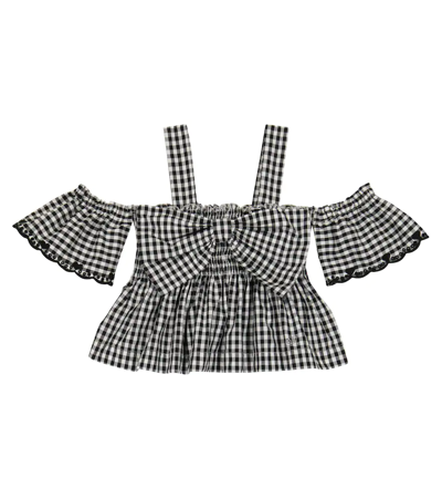 Monnalisa Gingham Cotton Off-shoulder Top In Cream + Black