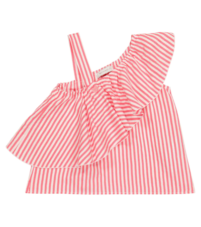 Monnalisa Kids' Striped Ruffled Top In Bianco+fuxia