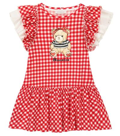 Monnalisa Kids' 格纹针织连衣裙 In Panna+rosso
