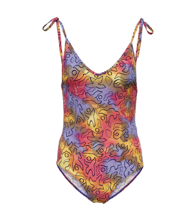 Isabel Marant Swan Printed One Piece Swimsuit In Yellow,multi