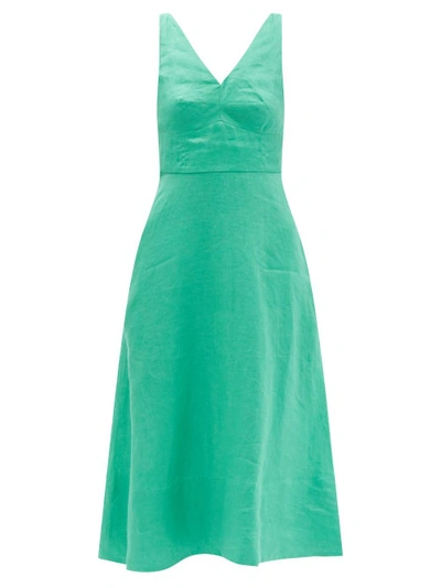 Saloni Rachel Bow-embellished Cutout Linen Midi Dess In 362-washed Green