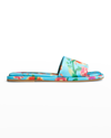 Natori Radial Printed Satin Slide Sandals In Aqua