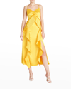Amur Pleated Ruffled Satin Maxi Slip Dress In Tuscany Yellow
