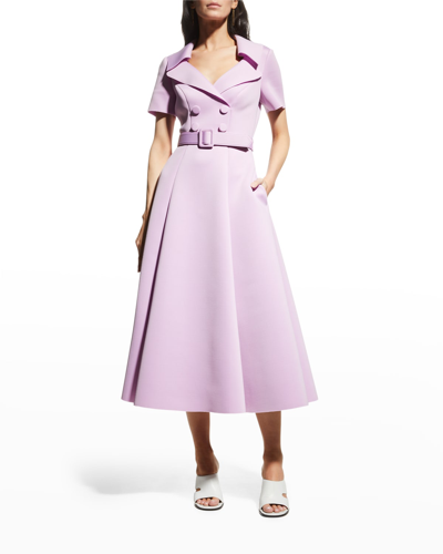 Badgley Mischka Wide-collar Belted Midi Trench Dress In Lilac