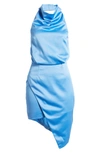 Elliatt Camo Asymmetric Satin Cocktail Dress In Lapis