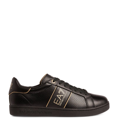 Ea7 Leather Classic Logo Sneakers In Black,gold