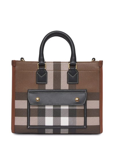 Burberry Mini Freya Check Tote Bag In Brown