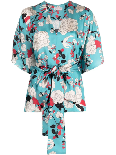Alberto Biani Floral-print Silk Blouse In Clear Blue
