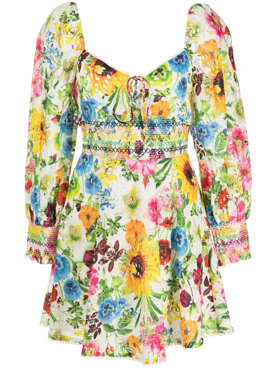 Alice And Olivia Crawford Eyelet Smocked Long Sleeve Cotton Minidress In Sunday Stroll Multi