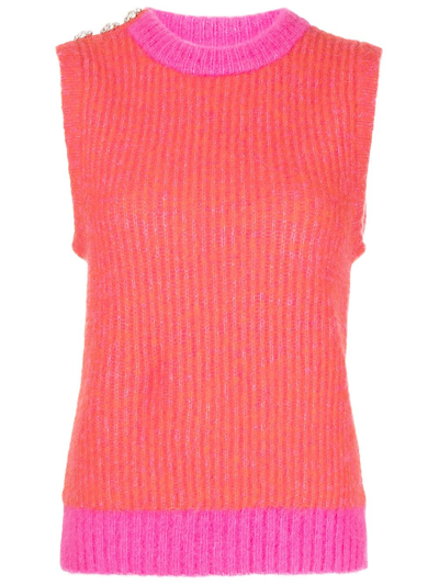 Ganni Contrasting-trimmed Regular-fit Wool-blend Waistcoat In Shocking Pink